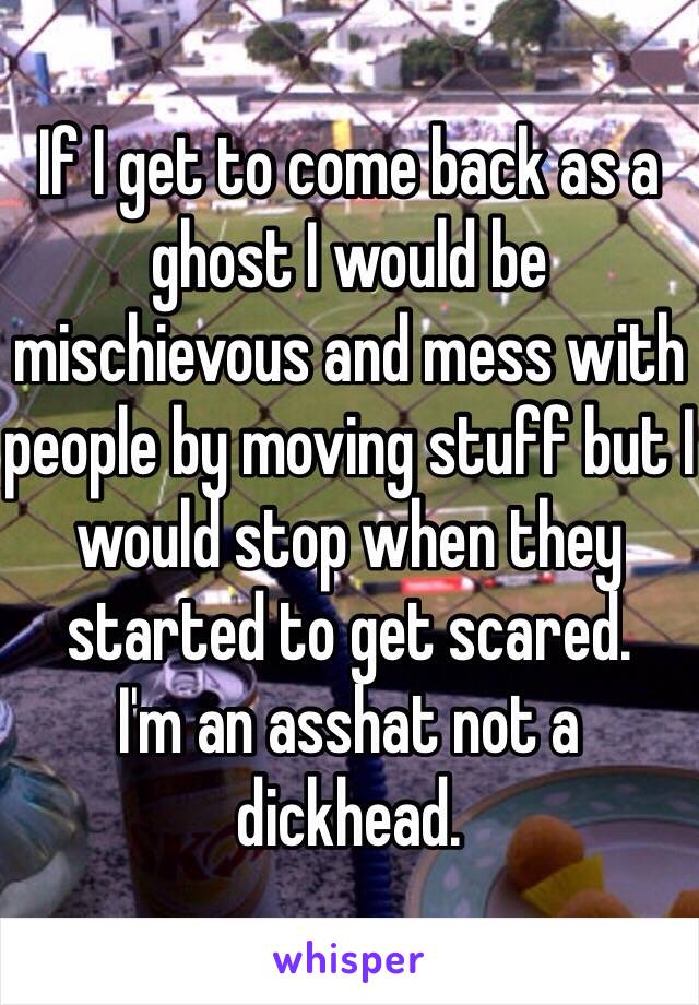 If I get to come back as a ghost I would be mischievous and mess with people by moving stuff but I would stop when they started to get scared. 
I'm an asshat not a dickhead. 