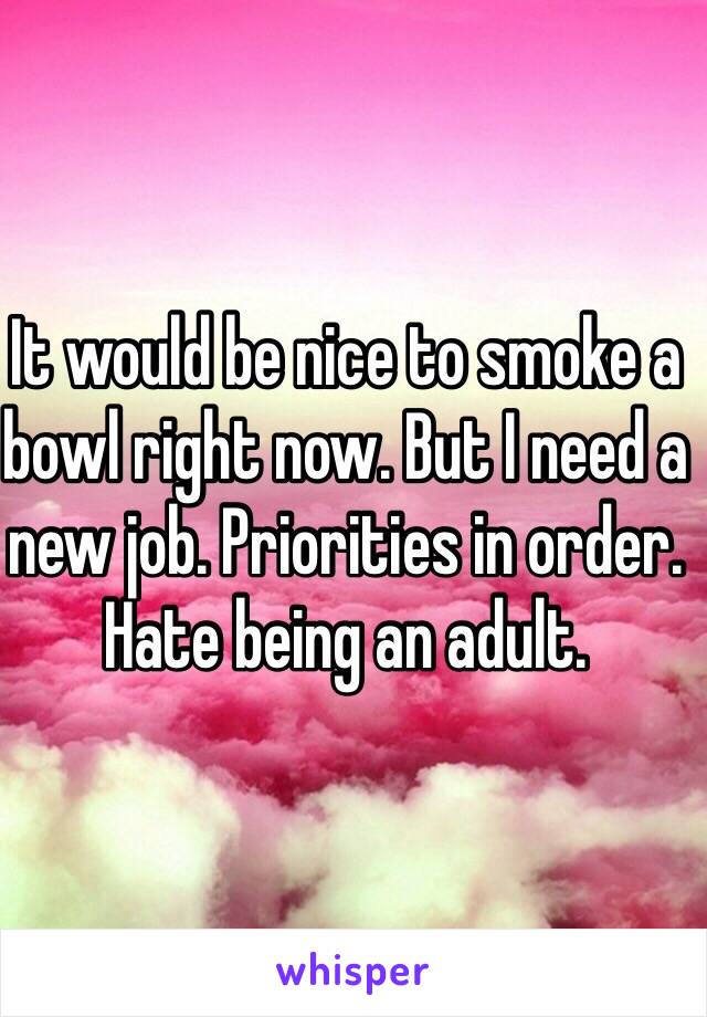 It would be nice to smoke a bowl right now. But I need a new job. Priorities in order. Hate being an adult.