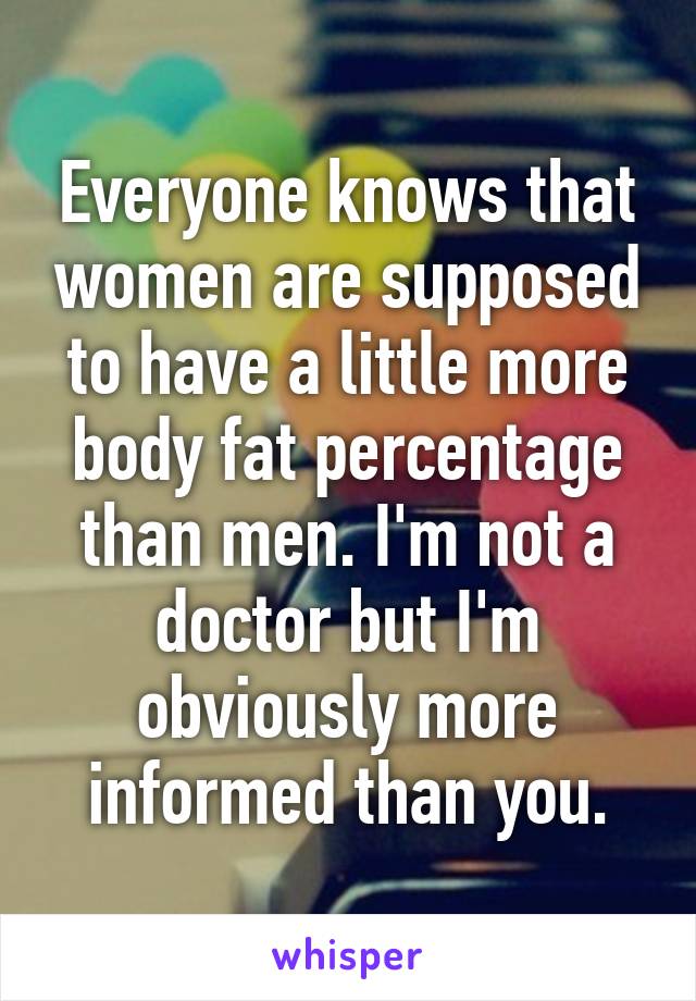 Everyone knows that women are supposed to have a little more body fat percentage than men. I'm not a doctor but I'm obviously more informed than you.