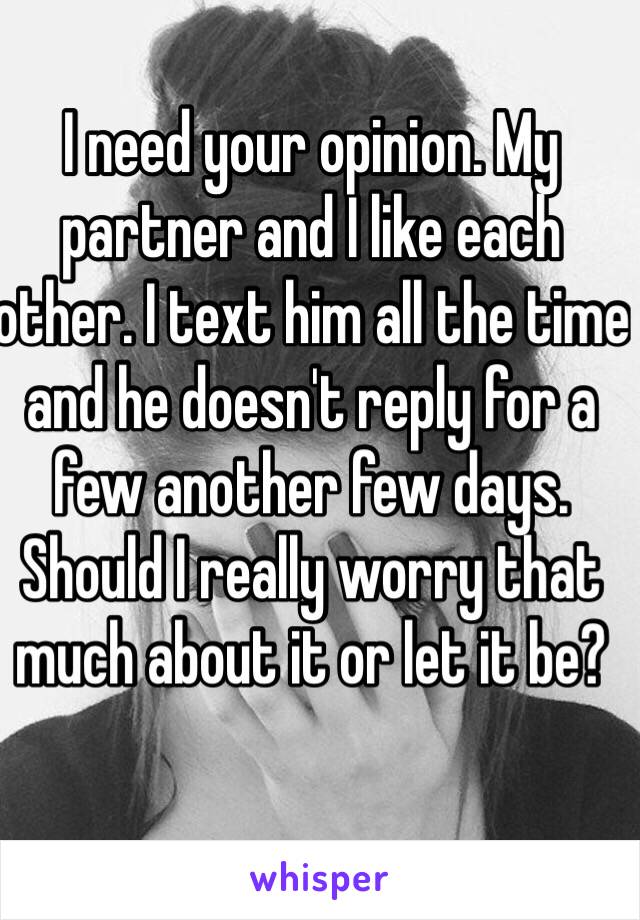 I need your opinion. My partner and I like each    other. I text him all the time and he doesn't reply for a few another few days. Should I really worry that much about it or let it be?