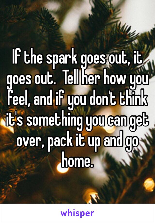 If the spark goes out, it goes out.  Tell her how you feel, and if you don't think it's something you can get over, pack it up and go home.