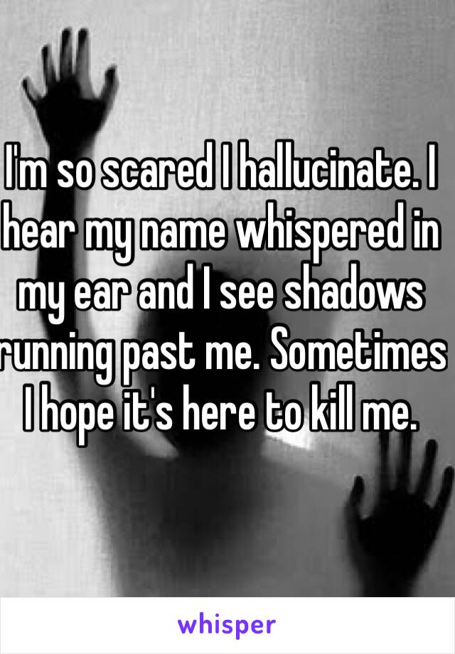 I'm so scared I hallucinate. I hear my name whispered in my ear and I see shadows running past me. Sometimes I hope it's here to kill me.