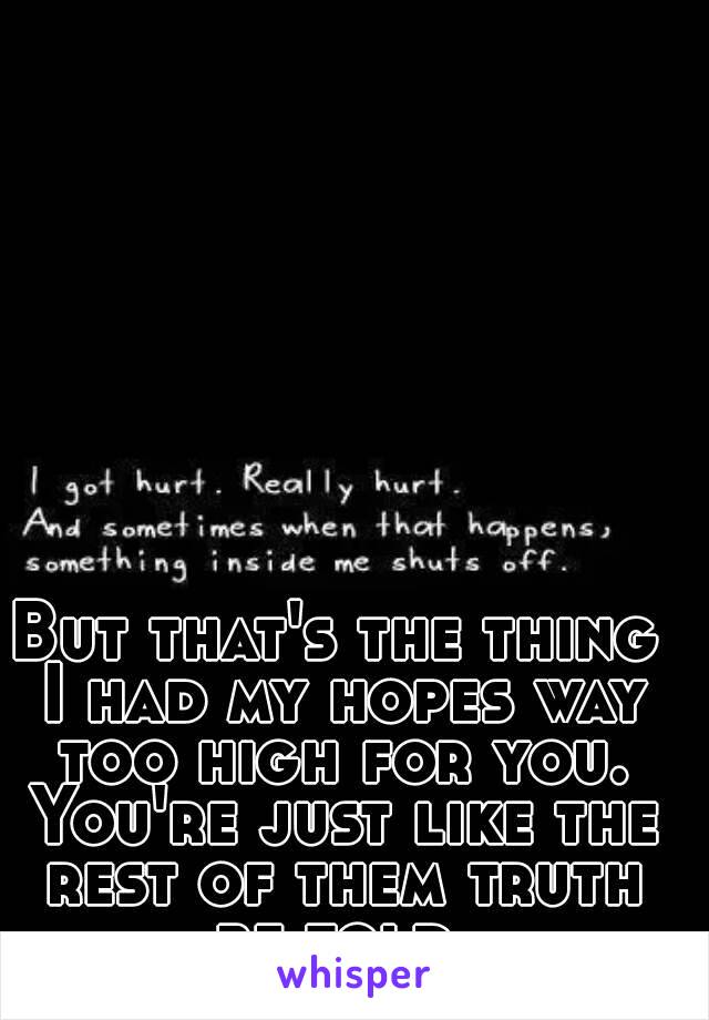 But that's the thing I had my hopes way too high for you. You're just like the rest of them truth be told.