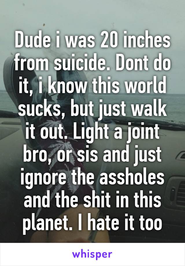 Dude i was 20 inches from suicide. Dont do it, i know this world sucks, but just walk it out. Light a joint bro, or sis and just ignore the assholes and the shit in this planet. I hate it too