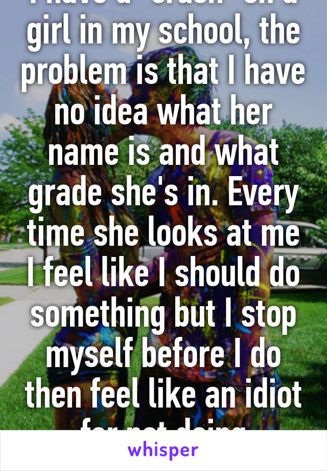 I have a "crush" on a girl in my school, the problem is that I have no idea what her name is and what grade she's in. Every time she looks at me I feel like I should do something but I stop myself before I do then feel like an idiot for not doing anything. 