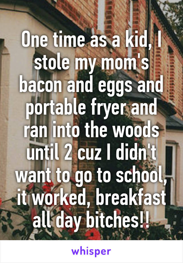 One time as a kid, I stole my mom's bacon and eggs and portable fryer and ran into the woods until 2 cuz I didn't want to go to school, it worked, breakfast all day bitches!!