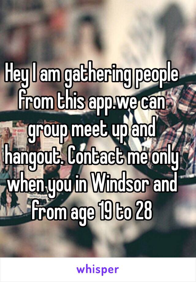 Hey I am gathering people from this app.we can group meet up and hangout. Contact me only when you in Windsor and from age 19 to 28