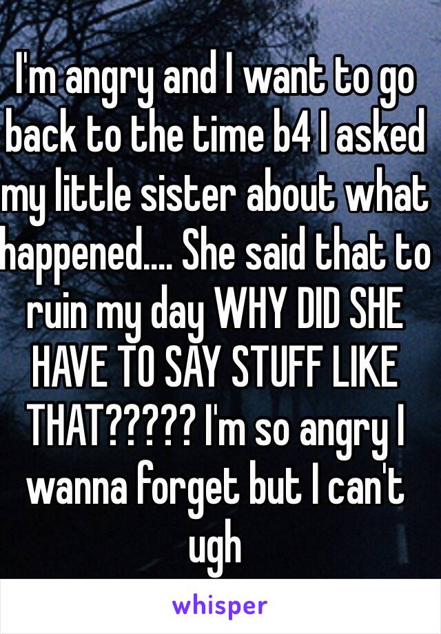 I'm angry and I want to go back to the time b4 I asked my little sister about what happened.... She said that to ruin my day WHY DID SHE HAVE TO SAY STUFF LIKE THAT????? I'm so angry I wanna forget but I can't ugh