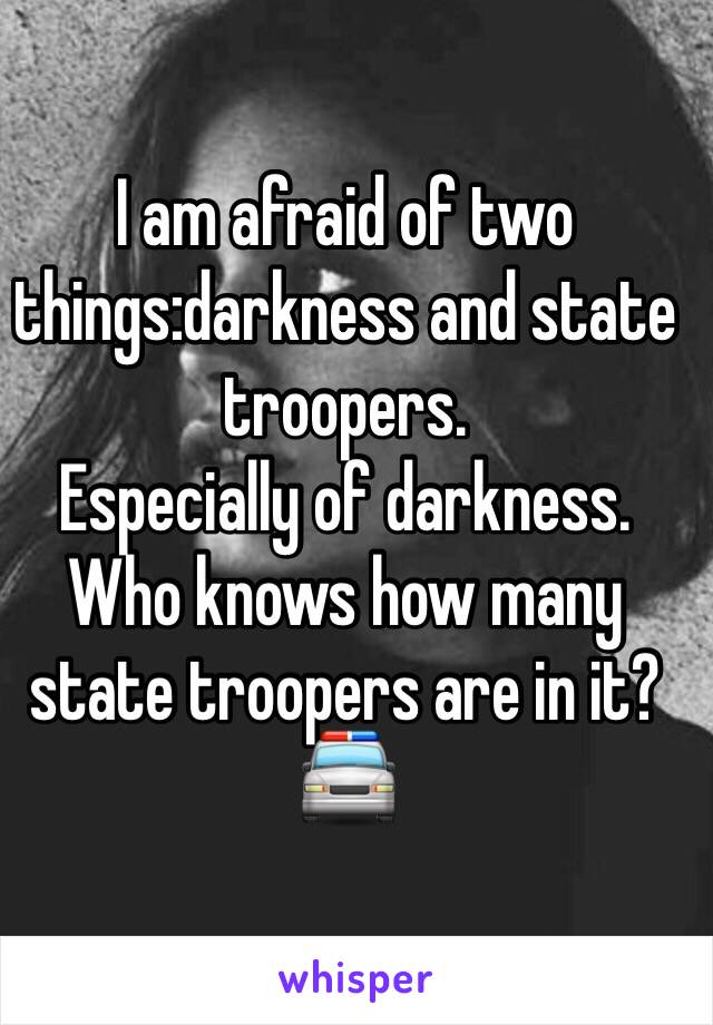 I am afraid of two things:darkness and state troopers.                                Especially of darkness. Who knows how many state troopers are in it? 🚔