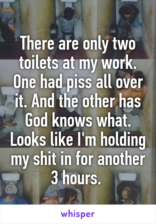 There are only two toilets at my work. One had piss all over it. And the other has God knows what. Looks like I'm holding my shit in for another 3 hours. 