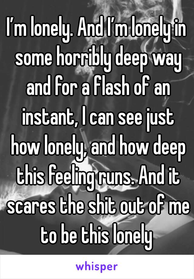 I’m lonely. And I’m lonely in some horribly deep way and for a flash of an instant, I can see just how lonely, and how deep this feeling runs. And it scares the shit out of me to be this lonely 