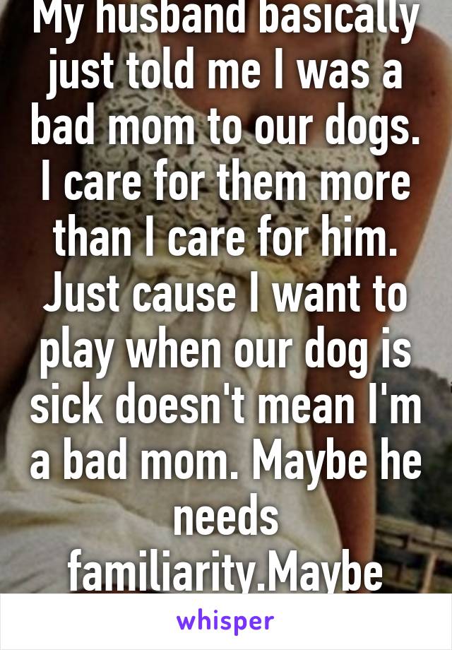 My husband basically just told me I was a bad mom to our dogs. I care for them more than I care for him. Just cause I want to play when our dog is sick doesn't mean I'm a bad mom. Maybe he needs familiarity.Maybe that will help him. 