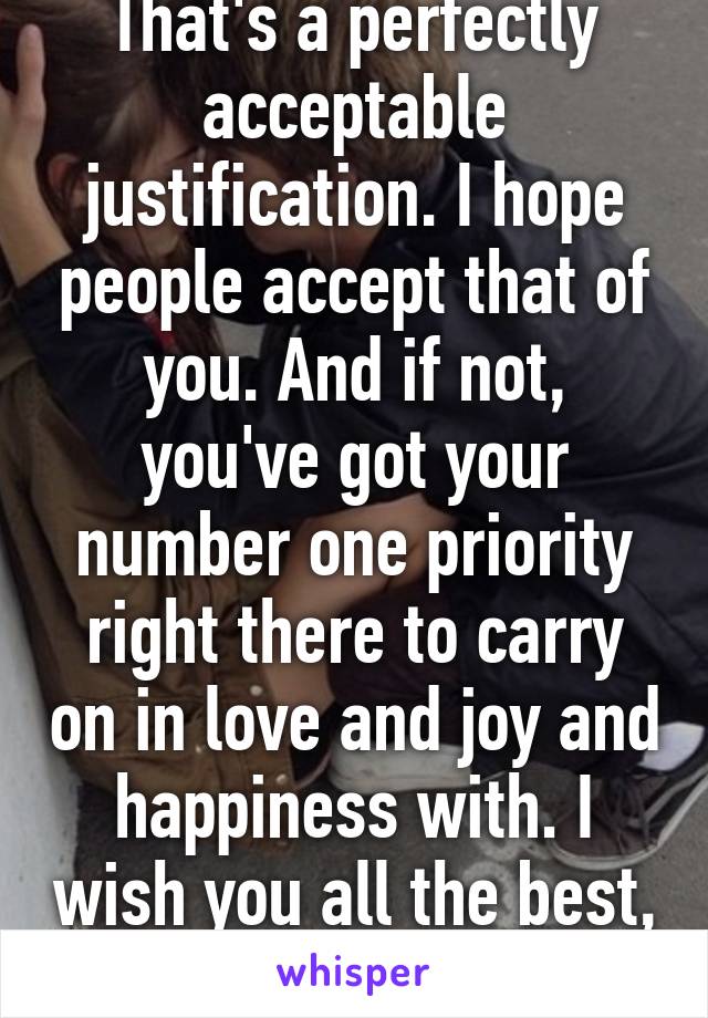 That's a perfectly acceptable justification. I hope people accept that of you. And if not, you've got your number one priority right there to carry on in love and joy and happiness with. I wish you all the best, pressure free. 