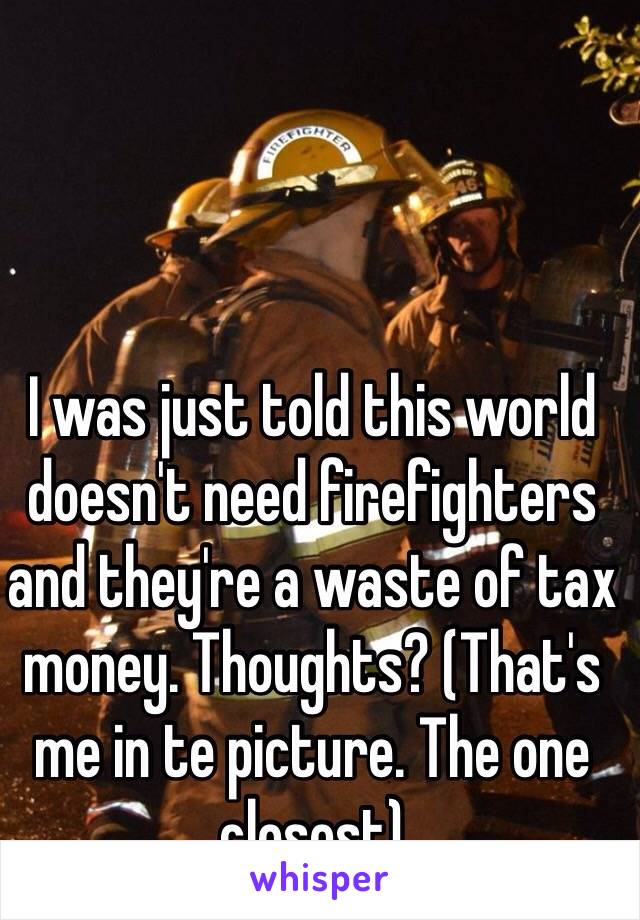 I was just told this world doesn't need firefighters and they're a waste of tax money. Thoughts? (That's me in te picture. The one closest)