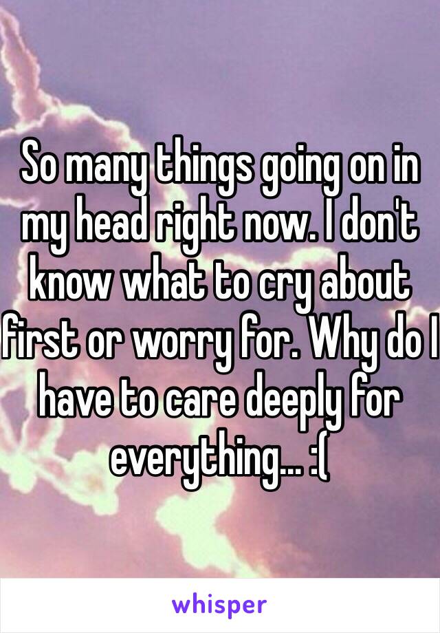 So many things going on in my head right now. I don't know what to cry about first or worry for. Why do I have to care deeply for everything... :(