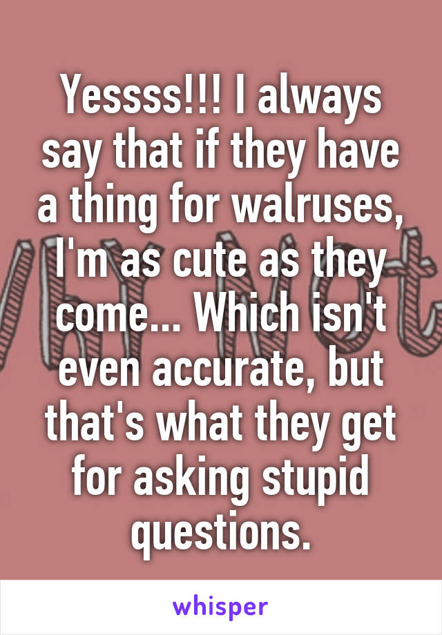 Yessss!!! I always say that if they have a thing for walruses, I'm as cute as they come... Which isn't even accurate, but that's what they get for asking stupid questions.