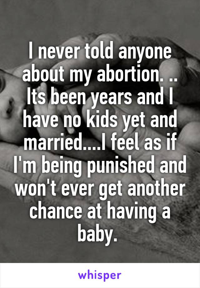 I never told anyone about my abortion. ..
Its been years and I have no kids yet and married....I feel as if I'm being punished and won't ever get another chance at having a baby. 
