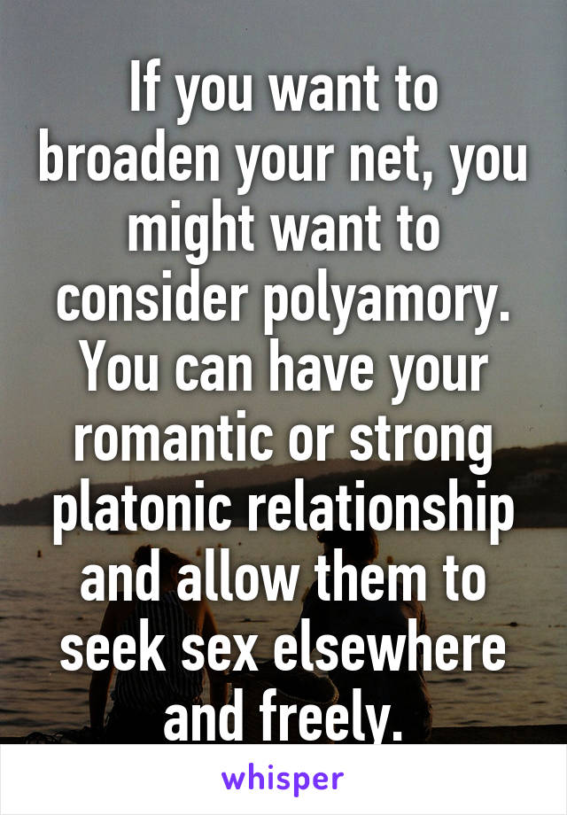 If you want to broaden your net, you might want to consider polyamory. You can have your romantic or strong platonic relationship and allow them to seek sex elsewhere and freely.