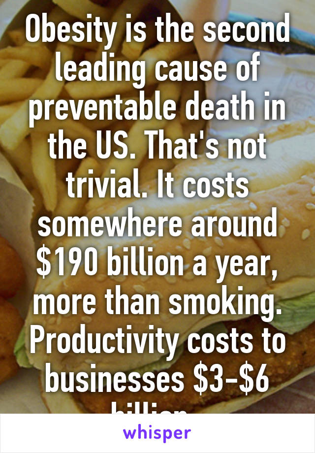 Obesity is the second leading cause of preventable death in the US. That's not trivial. It costs somewhere around $190 billion a year, more than smoking. Productivity costs to businesses $3-$6 billion. 