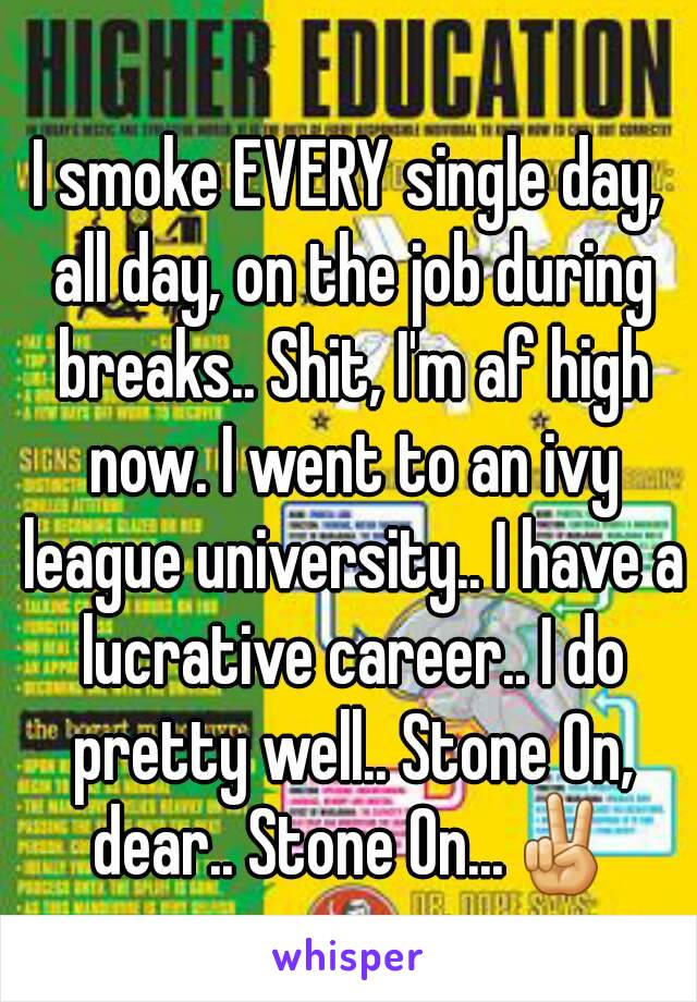 I smoke EVERY single day, all day, on the job during breaks.. Shit, I'm af high now. I went to an ivy league university.. I have a lucrative career.. I do pretty well.. Stone On, dear.. Stone On...✌