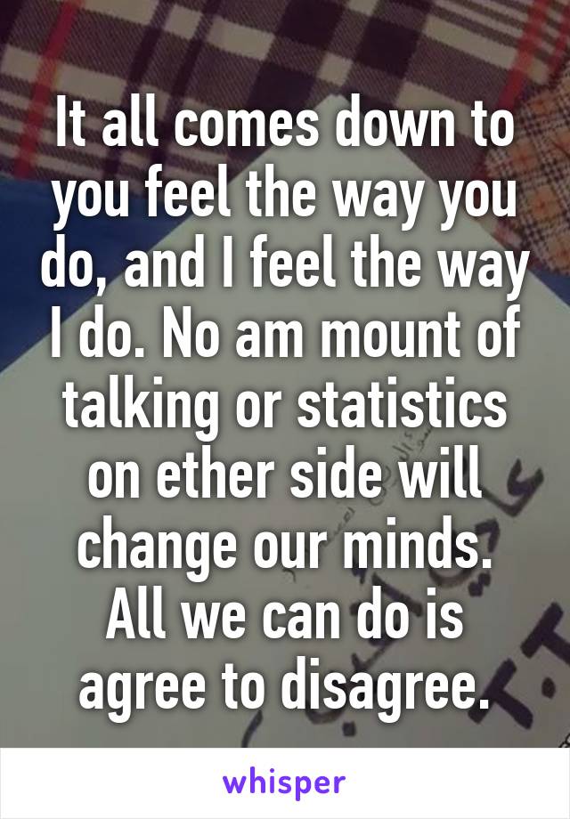 It all comes down to you feel the way you do, and I feel the way I do. No am mount of talking or statistics on ether side will change our minds.
All we can do is agree to disagree.