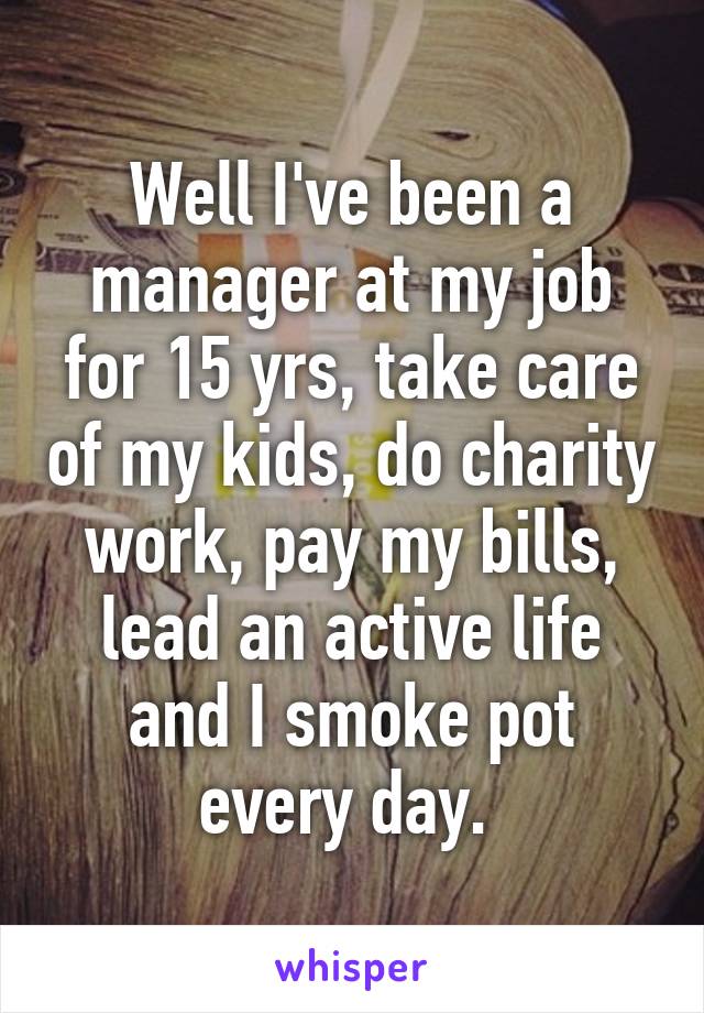 Well I've been a manager at my job for 15 yrs, take care of my kids, do charity work, pay my bills, lead an active life and I smoke pot every day. 