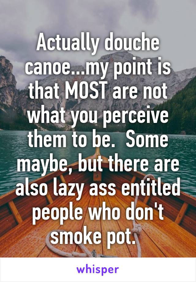 Actually douche canoe...my point is that MOST are not what you perceive them to be.  Some maybe, but there are also lazy ass entitled people who don't smoke pot.  