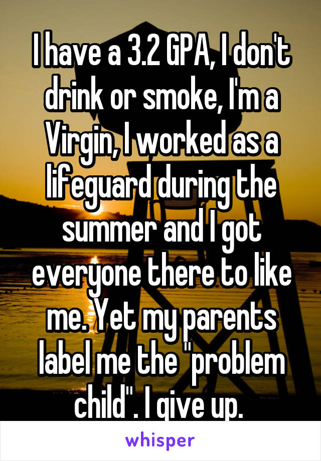 I have a 3.2 GPA, I don't drink or smoke, I'm a Virgin, I worked as a lifeguard during the summer and I got everyone there to like me. Yet my parents label me the "problem child". I give up. 