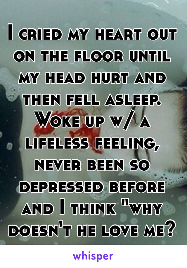 I cried my heart out on the floor until my head hurt and then fell asleep. Woke up w/ a lifeless feeling, never been so depressed before and I think "why doesn't he love me?