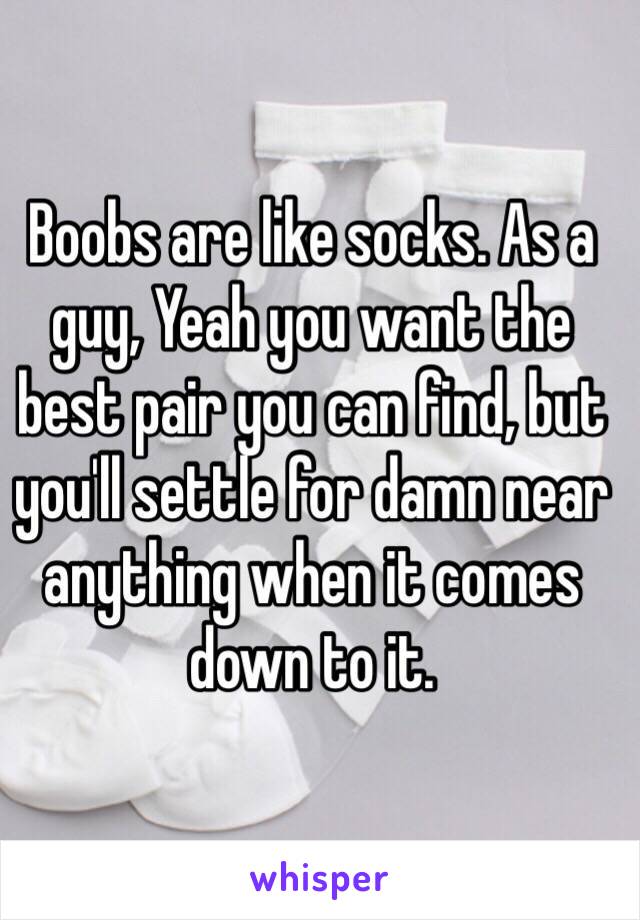 Boobs are like socks. As a guy, Yeah you want the best pair you can find, but you'll settle for damn near anything when it comes down to it.