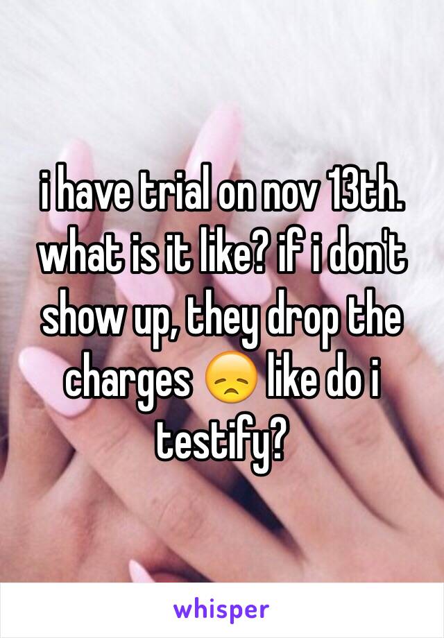 i have trial on nov 13th. what is it like? if i don't show up, they drop the charges 😞 like do i testify?