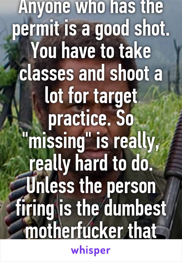 Anyone who has the permit is a good shot. You have to take classes and shoot a lot for target practice. So "missing" is really, really hard to do. Unless the person firing is the dumbest motherfucker that ever lived. 