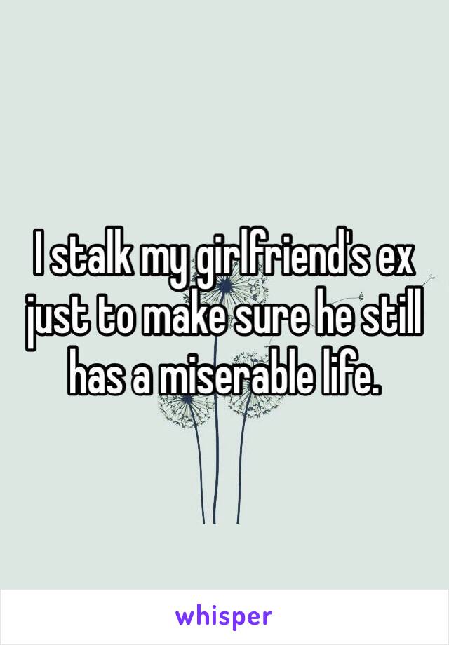 I stalk my girlfriend's ex just to make sure he still has a miserable life. 