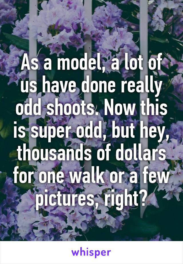 As a model, a lot of us have done really odd shoots. Now this is super odd, but hey, thousands of dollars for one walk or a few pictures, right?