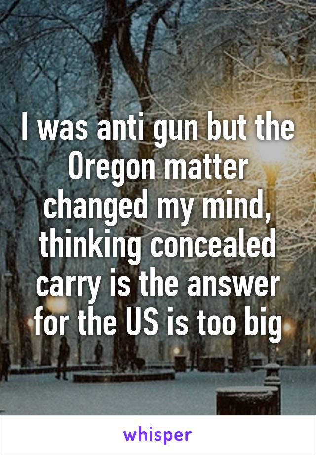 I was anti gun but the Oregon matter changed my mind, thinking concealed carry is the answer for the US is too big