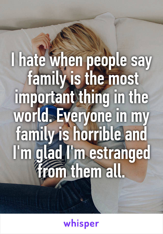 I hate when people say  family is the most important thing in the world. Everyone in my family is horrible and I'm glad I'm estranged from them all.