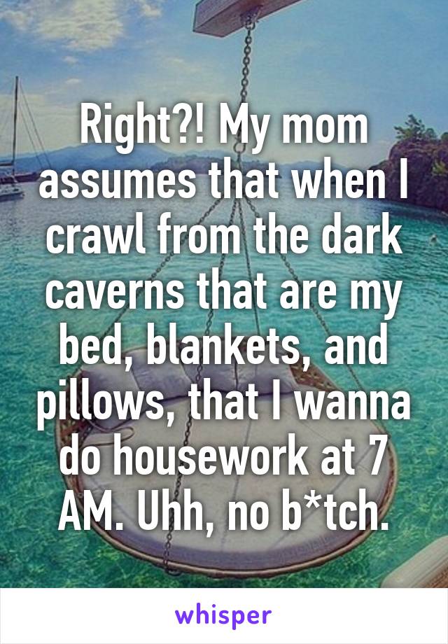 Right?! My mom assumes that when I crawl from the dark caverns that are my bed, blankets, and pillows, that I wanna do housework at 7 AM. Uhh, no b*tch.