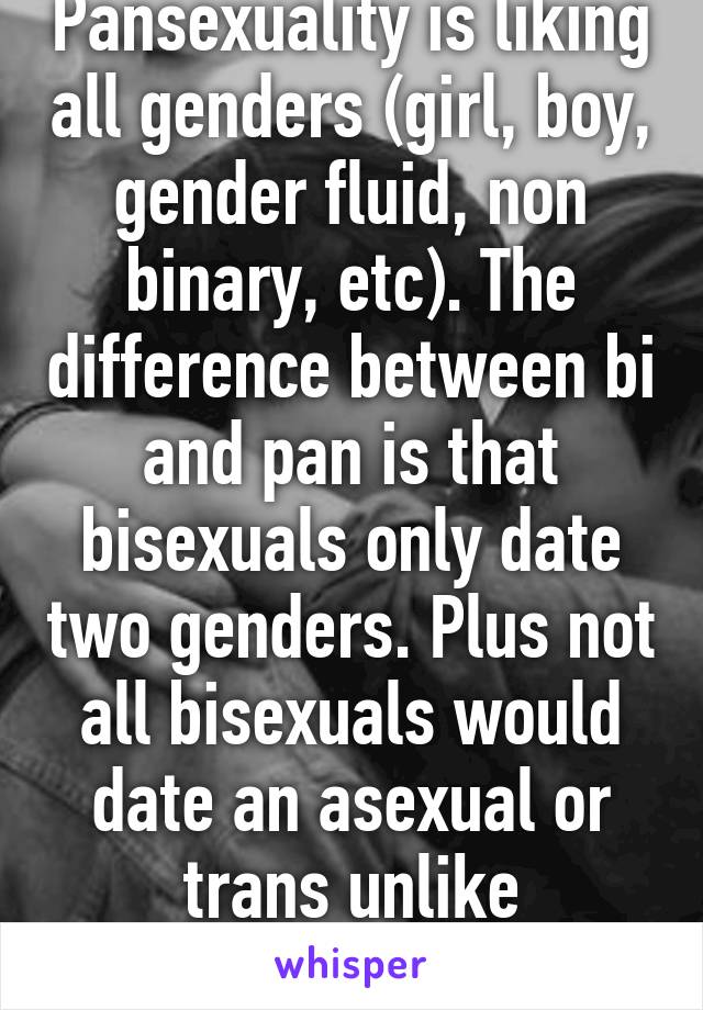 Pansexuality is liking all genders (girl, boy, gender fluid, non binary, etc). The difference between bi and pan is that bisexuals only date two genders. Plus not all bisexuals would date an asexual or trans unlike pansexuals.