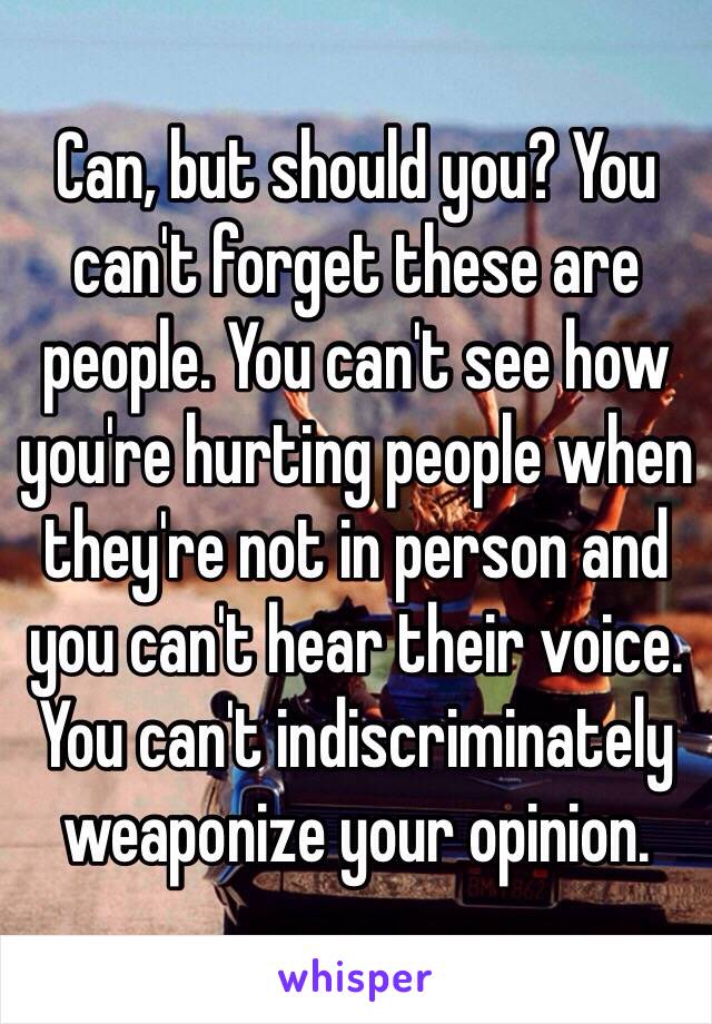 Can, but should you? You can't forget these are people. You can't see how you're hurting people when they're not in person and you can't hear their voice. You can't indiscriminately weaponize your opinion.