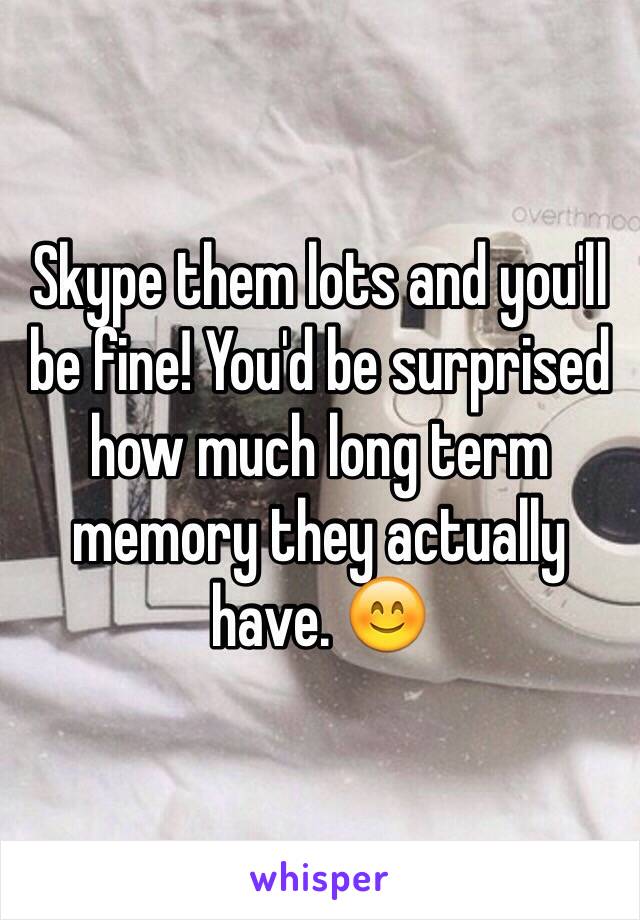 Skype them lots and you'll be fine! You'd be surprised how much long term memory they actually have. 😊