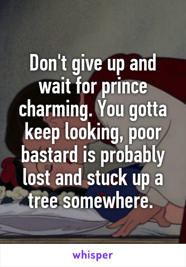 Don't give up and wait for prince charming. You gotta keep looking, poor bastard is probably lost and stuck up a tree somewhere. 
