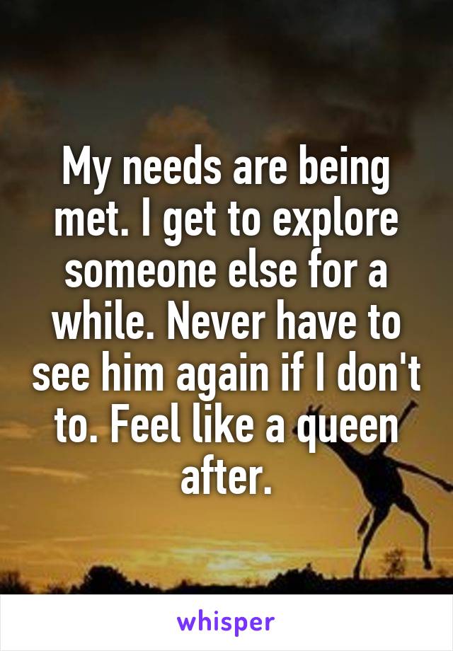 My needs are being met. I get to explore someone else for a while. Never have to see him again if I don't to. Feel like a queen after.