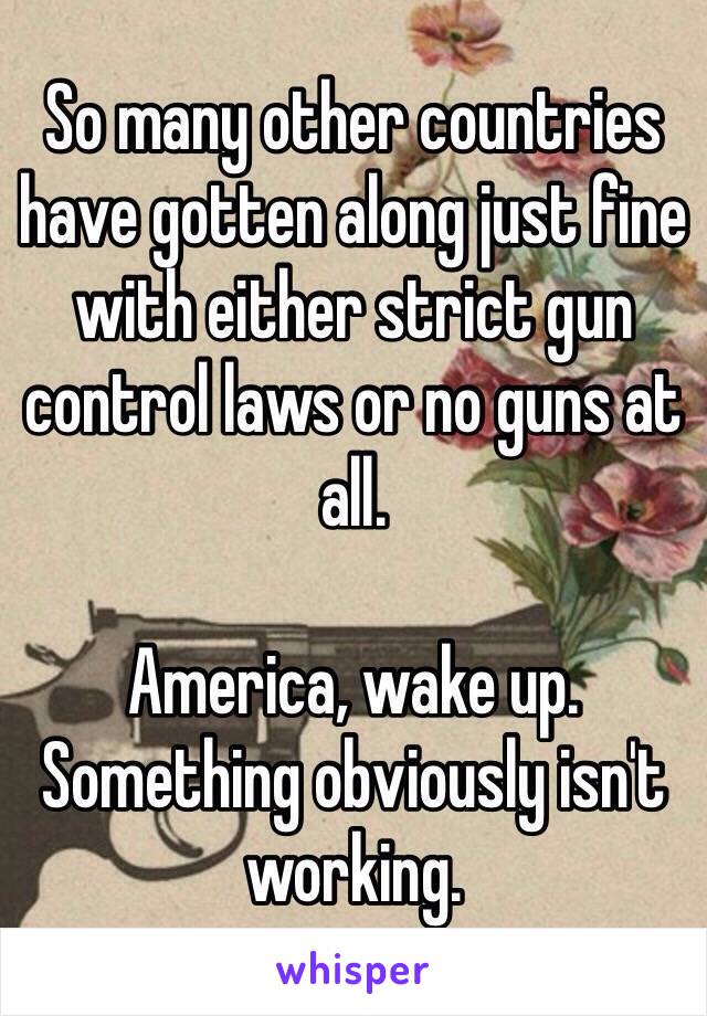 So many other countries have gotten along just fine with either strict gun control laws or no guns at all.

America, wake up. Something obviously isn't working.