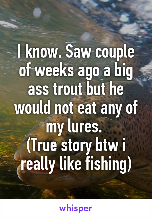 I know. Saw couple of weeks ago a big ass trout but he would not eat any of my lures. 
(True story btw i really like fishing)