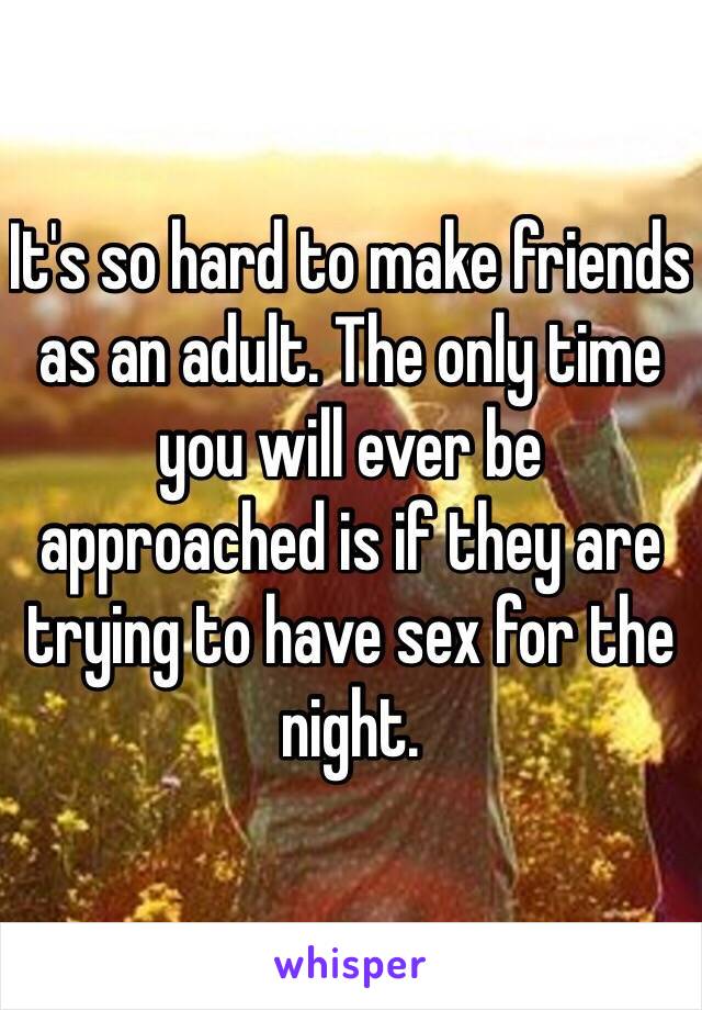 It's so hard to make friends as an adult. The only time you will ever be approached is if they are trying to have sex for the night. 