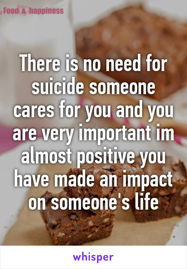 There is no need for suicide someone cares for you and you are very important im almost positive you have made an impact on someone's life