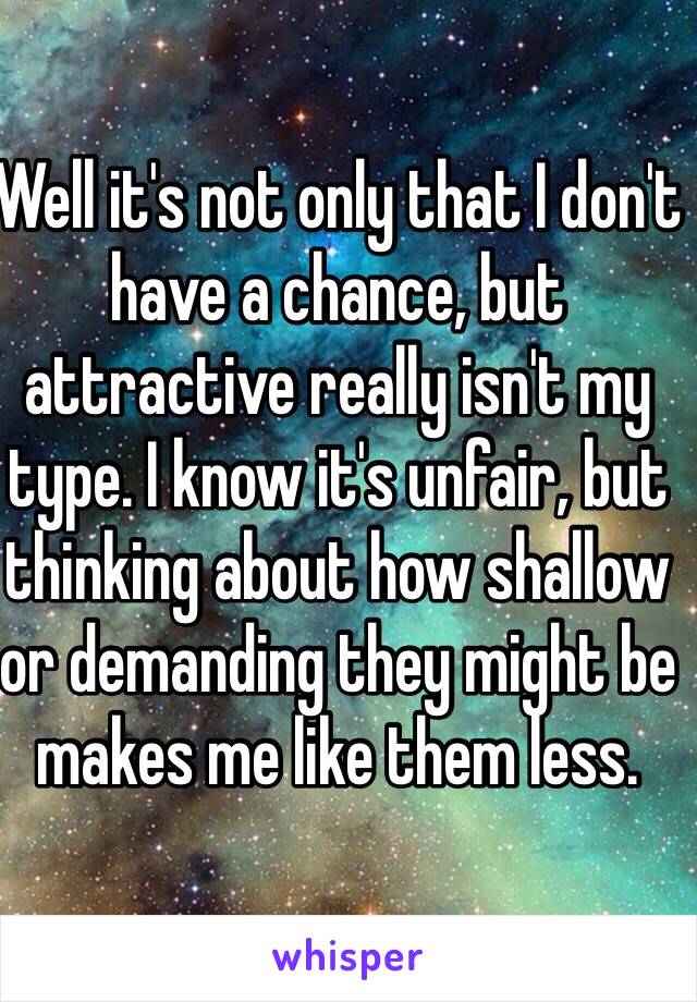 Well it's not only that I don't have a chance, but attractive really isn't my type. I know it's unfair, but thinking about how shallow or demanding they might be makes me like them less.  