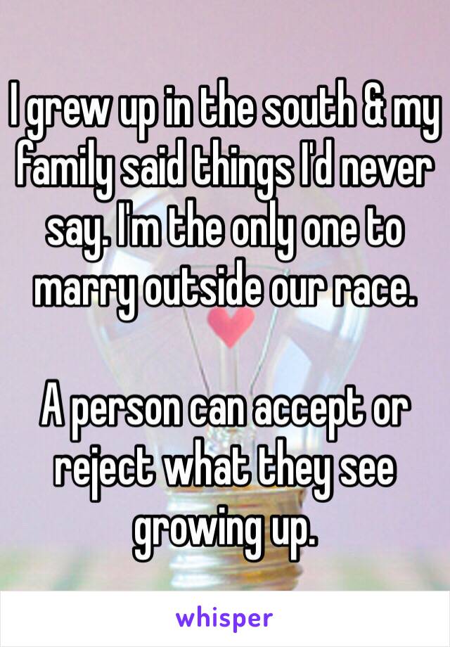 I grew up in the south & my family said things I'd never say. I'm the only one to marry outside our race.  

A person can accept or reject what they see growing up. 