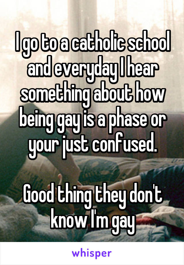 I go to a catholic school and everyday I hear something about how being gay is a phase or your just confused.

Good thing they don't know I'm gay