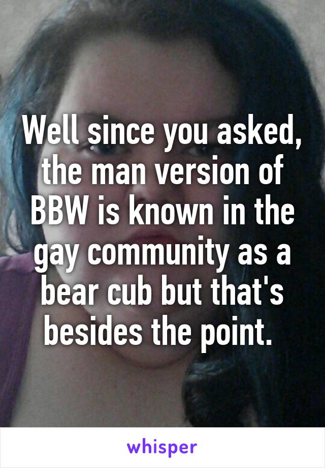 Well since you asked, the man version of BBW is known in the gay community as a bear cub but that's besides the point. 